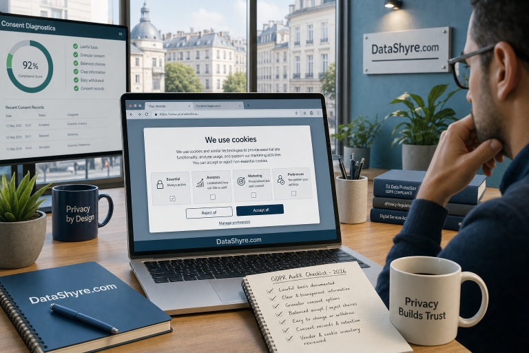 Editorial illustration showing a modern privacy-compliance workspace with a laptop displaying a balanced cookie banner, audit notes, browser diagnostics, and subtle visible branding text DataShyre.com