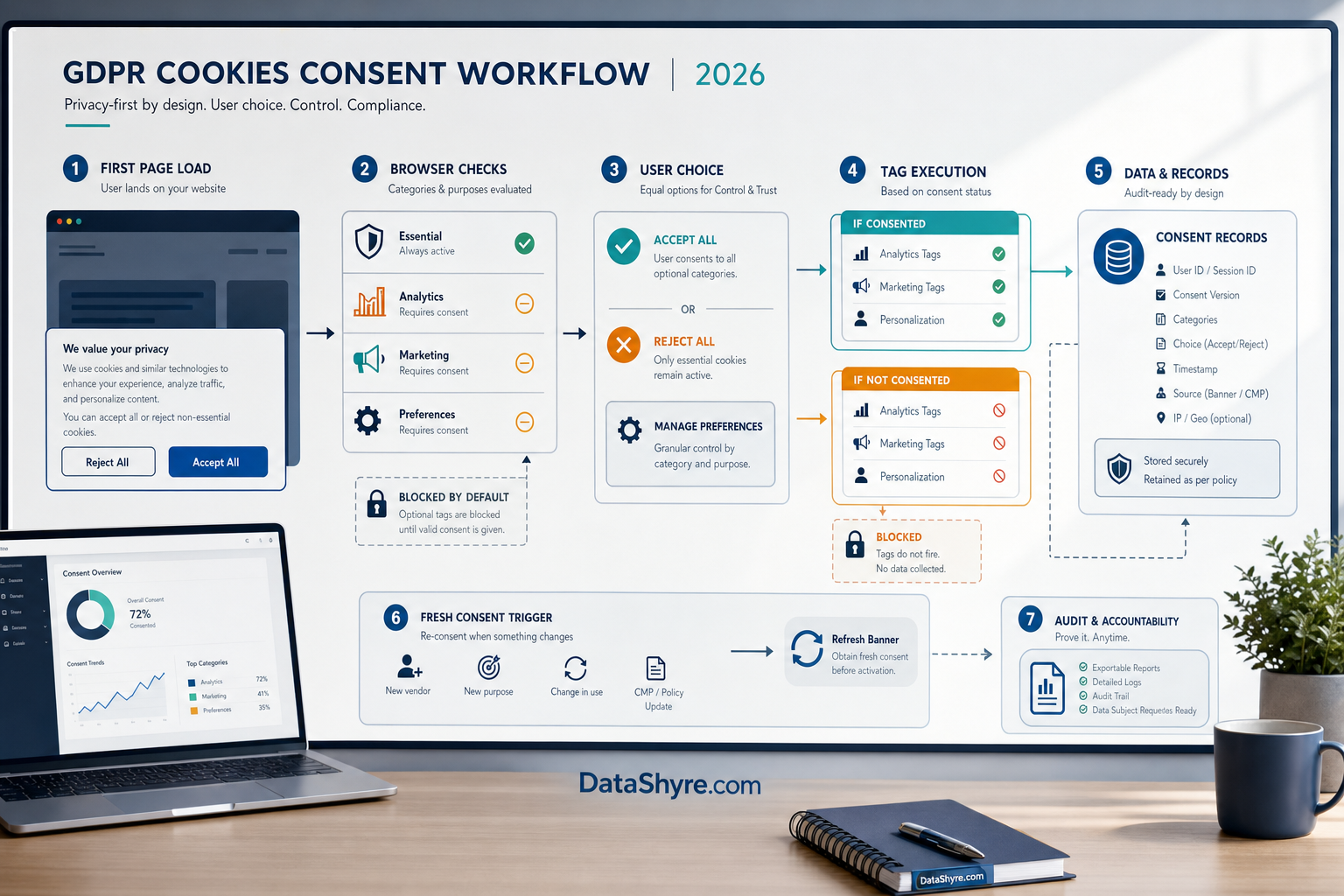 Workflow illustration showing GDPR cookies consent moving from first-load banner choice into prior blocking, analytics and marketing branching, fresh-consent checks, and audit-ready records with subtle visible branding text DataShyre.com