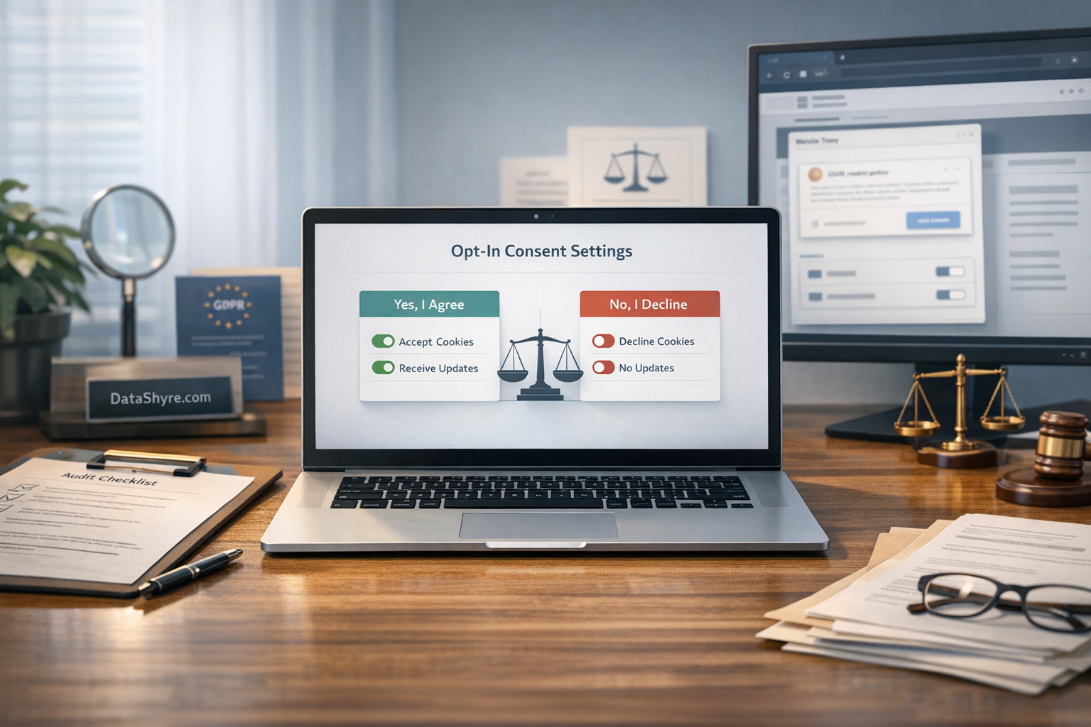 Editorial illustration showing a privacy review desk with category-specific opt-in controls, audit notes, browser testing panels, and subtle visible branding text DataShyre.com