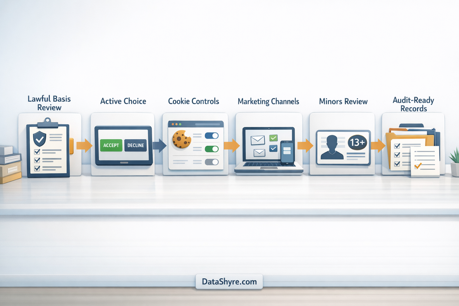 Workflow illustration showing an opt-in consent review moving from lawful basis and active choice into cookie controls, channel-specific marketing checks, minors handling, and audit-ready records with subtle visible branding text DataShyre.com