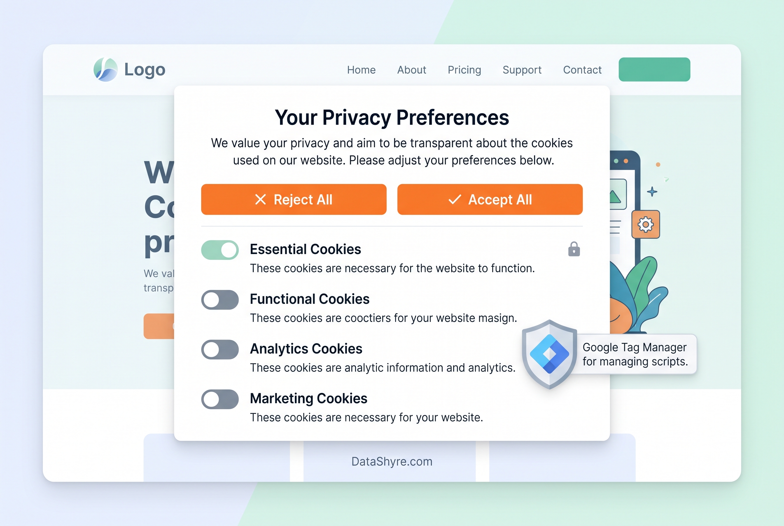 Google Tag Manager cookie consent setup overview with DataShyre.com branding