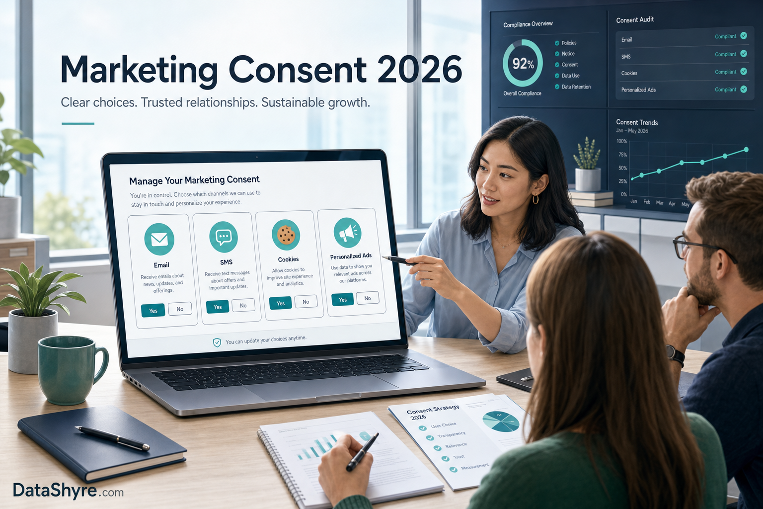Editorial illustration showing a privacy and growth team reviewing separate marketing consent controls for email, SMS, cookies, and personalized ads, with subtle visible branding text DataShyre.com