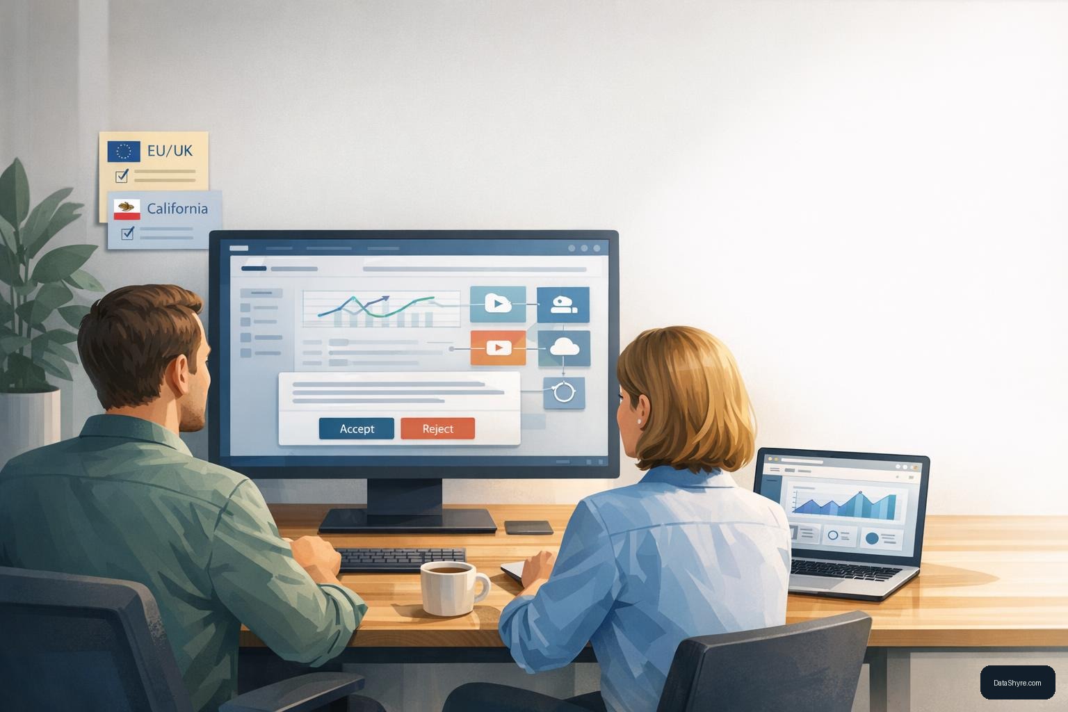 Editorial illustration of a privacy operations team reviewing a consent dashboard, service mapping cards, regional compliance notes, and a balanced banner interface, with subtle visible DataShyre.com branding