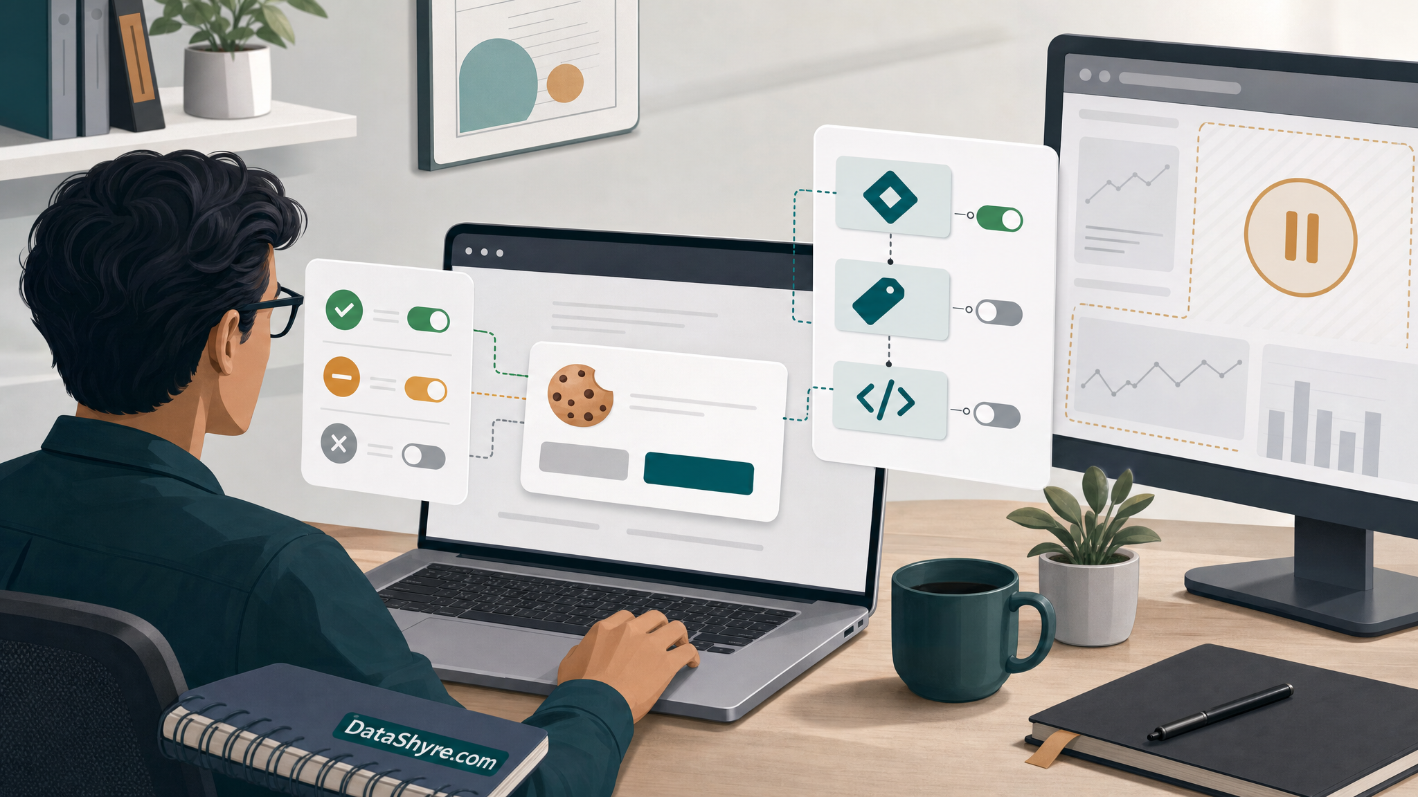 Editorial illustration showing a privacy engineer reviewing a cookie banner, GTM consent controls, and a paused analytics dashboard, with subtle visible branding text DataShyre.com
