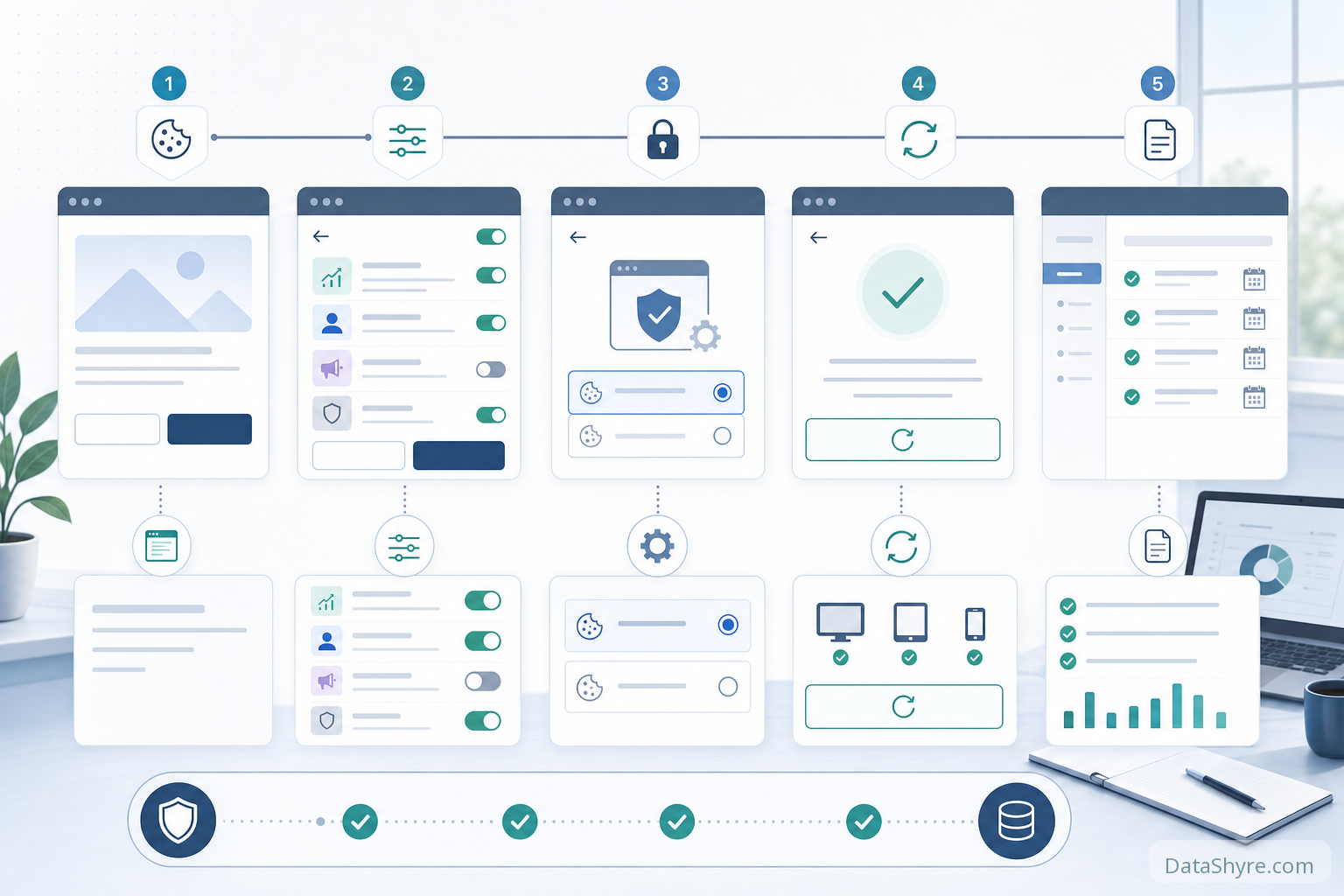 Workflow illustration showing cookie-banner first layer, purpose toggles, consent-mode defaults before tags fire, withdrawal controls, audit logs, and subtle visible branding text DataShyre.com
