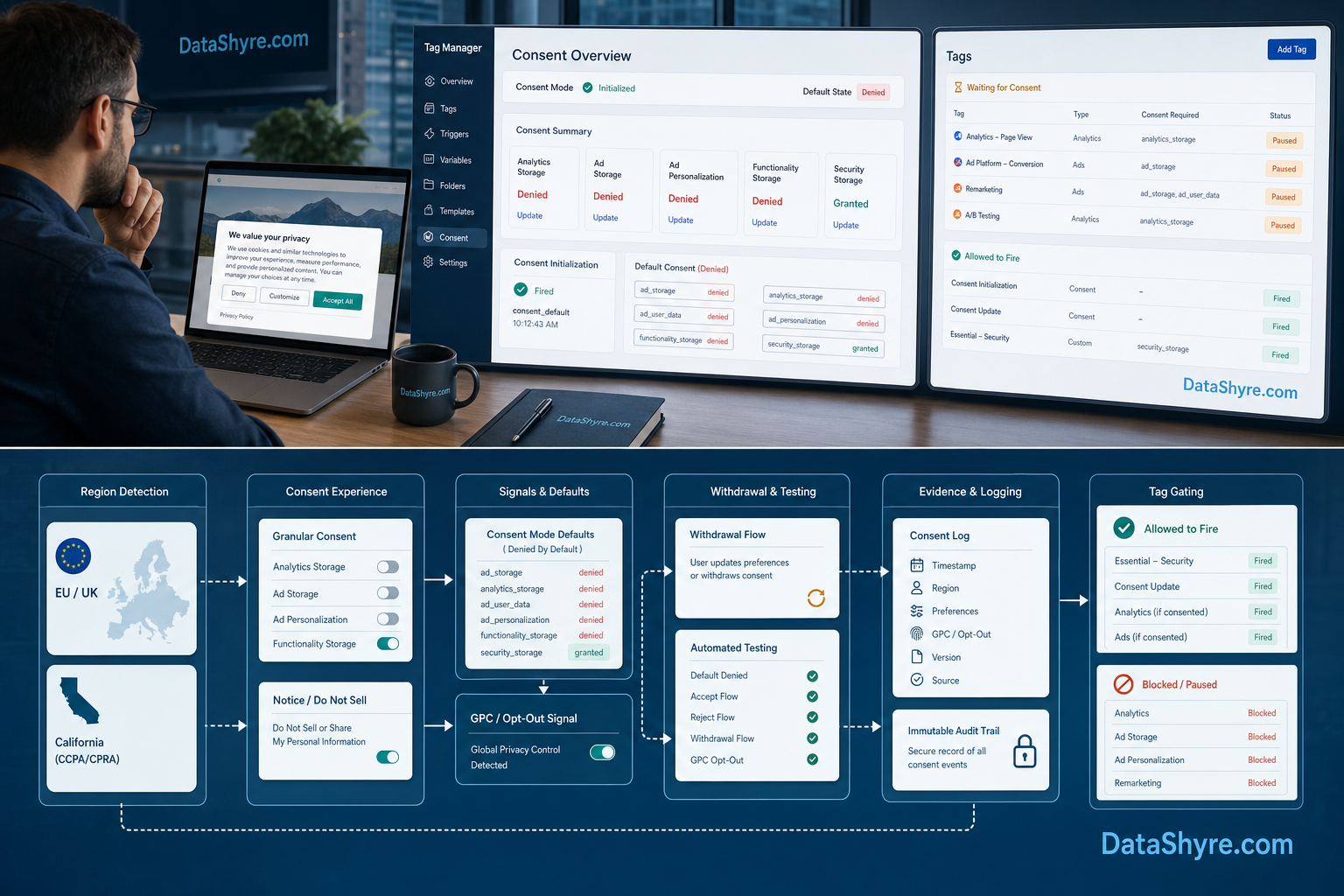 Workflow illustration showing region-aware consent branches, denied defaults, withdrawal testing, and subtle visible branding text DataShyre.com