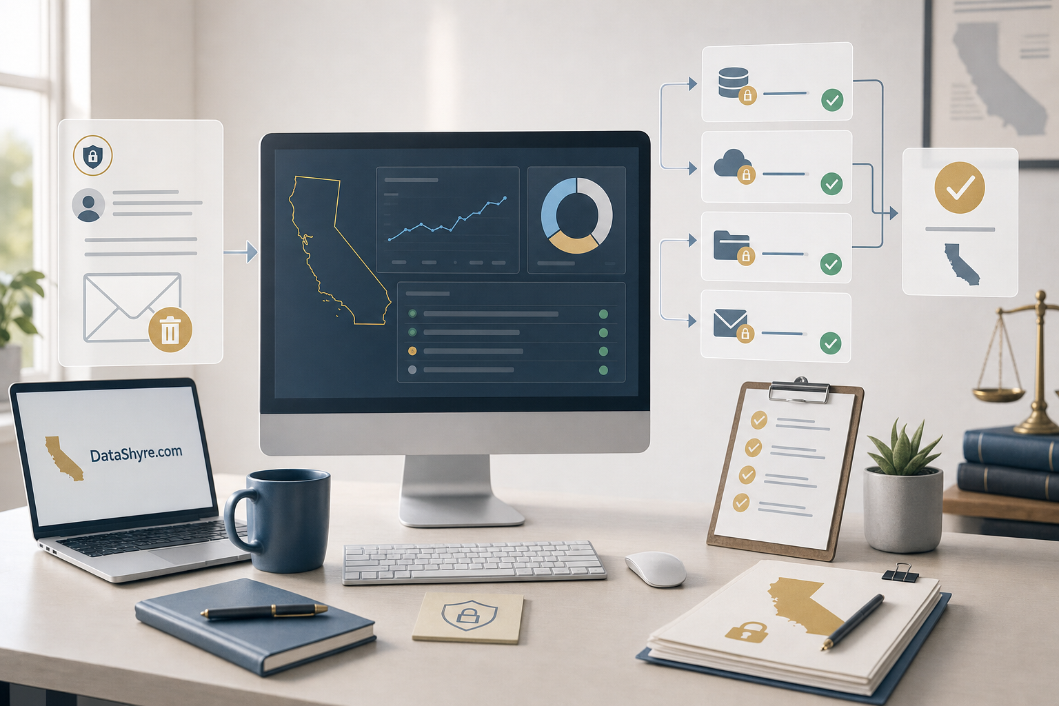 Editorial illustration showing a California privacy compliance desk with a delete-request intake screen, policy checklist, business systems map, and subtle visible branding text DataShyre.com