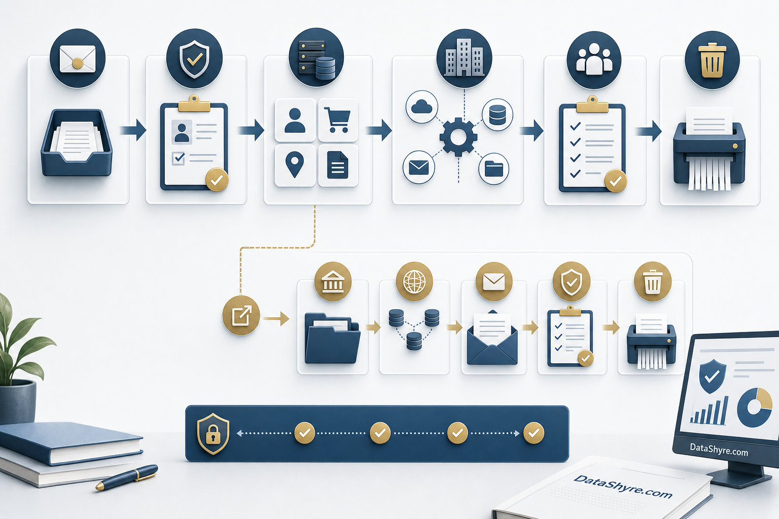 Workflow illustration showing California delete-request operations branching from intake and verification into internal systems, vendors, third parties, and the DROP process for data brokers, with subtle visible branding text DataShyre.com