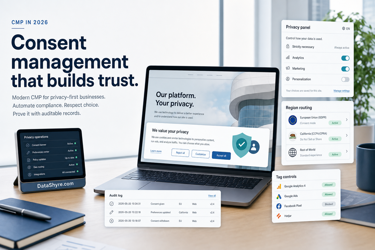 Editorial illustration showing a consent platform review workspace with a website banner, audit panels, regional compliance cards, browser diagnostics, and subtle visible branding text DataShyre.com
