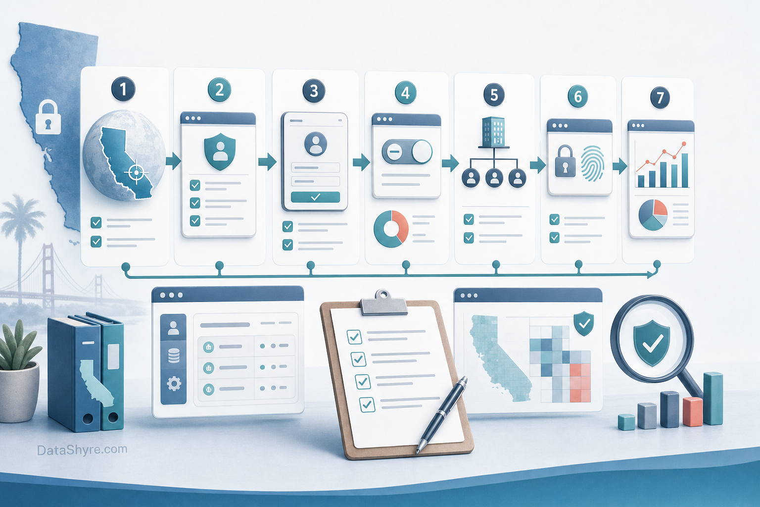 Workflow illustration showing a California privacy audit moving from scope and notices into request intake, GPC testing, vendor contracts, records, and risk-review checkpoints, with subtle visible branding text DataShyre.com