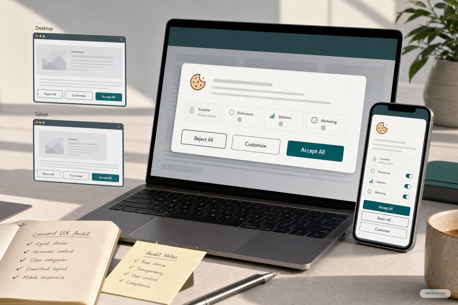 Editorial illustration showing a privacy compliance review workspace with a balanced cookie banner, browser controls, policy notes, and subtle visible branding text DataShyre.com