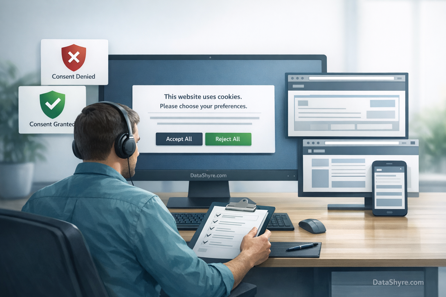 Editorial illustration showing a privacy engineer reviewing a consent banner, consent-state panels, browser diagnostics, and subtle visible branding text DataShyre.com
