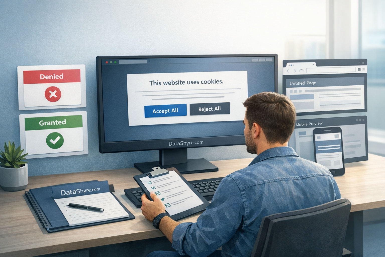 Workflow illustration showing consent moving from banner choice to denied defaults, tag routing, audit testing, and subtle visible branding text DataShyre.com