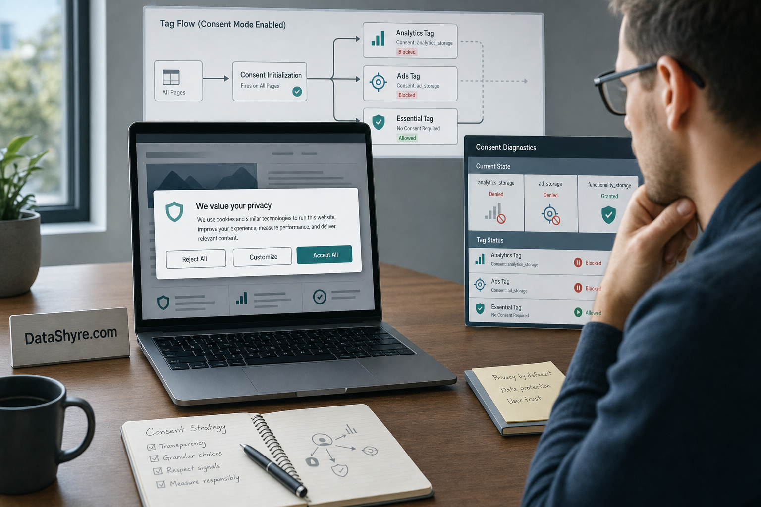 Editorial illustration showing a balanced GDPR cookie banner in front of a GTM-style diagnostics workspace, with blocked optional tags, audit notes, and subtle visible branding text DataShyre.com