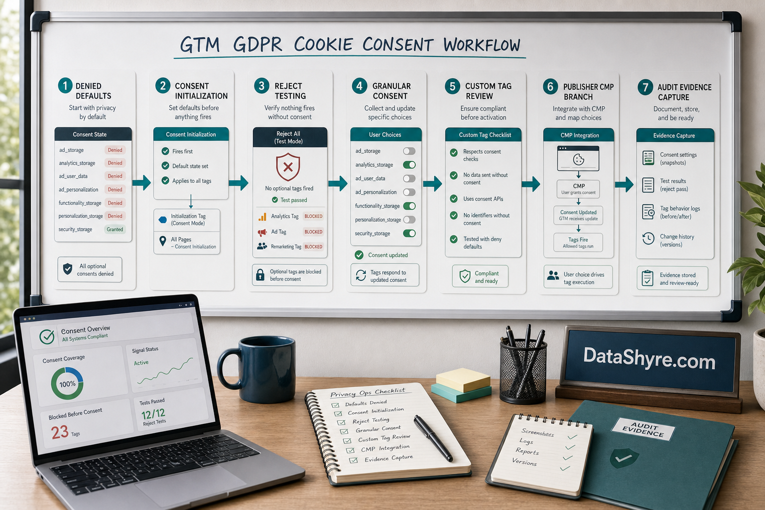 Workflow illustration showing user choice flowing through denied defaults, Consent Initialization, GTM consent checks, vendor branching, and audit evidence capture, with subtle visible branding text DataShyre.com