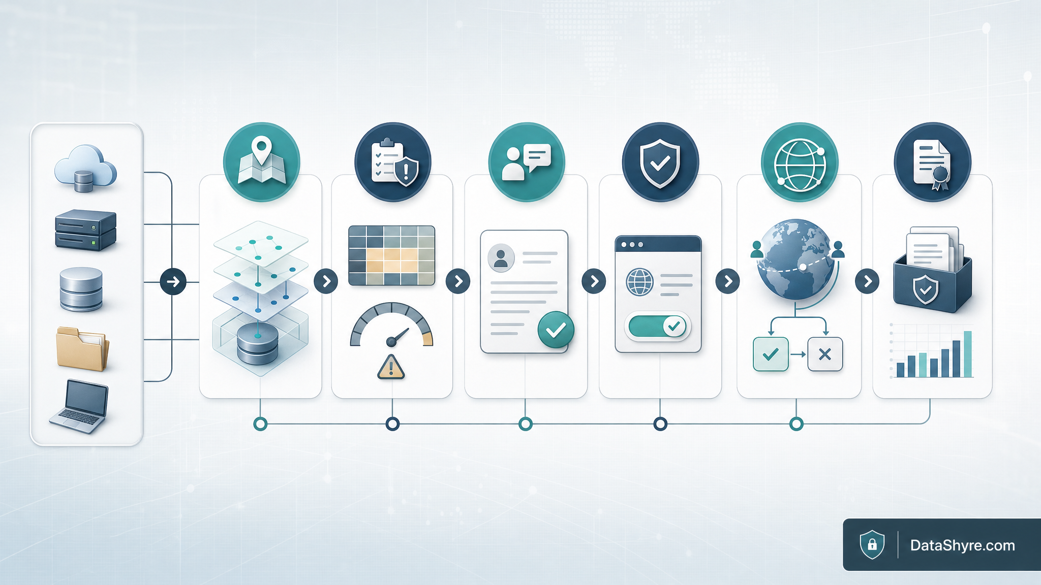 Workflow illustration showing privacy operations branching into data mapping, assessments, DSR handling, consent runtime checks, GPC routing, and audit evidence with subtle visible branding text DataShyre.com