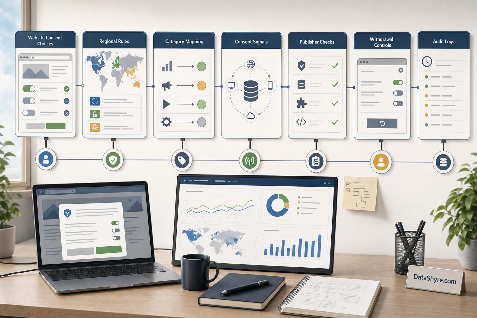 Workflow illustration showing website consent choices moving through regional rules, category mapping, Google signals, withdrawal controls, audit logs, and subtle visible branding text DataShyre.com