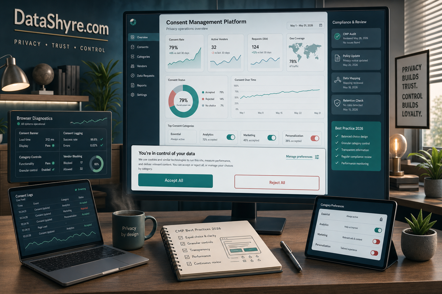 Editorial illustration showing a privacy operations workspace with a consent management platform dashboard, balanced banner choices, browser diagnostics, and subtle visible branding text DataShyre.com