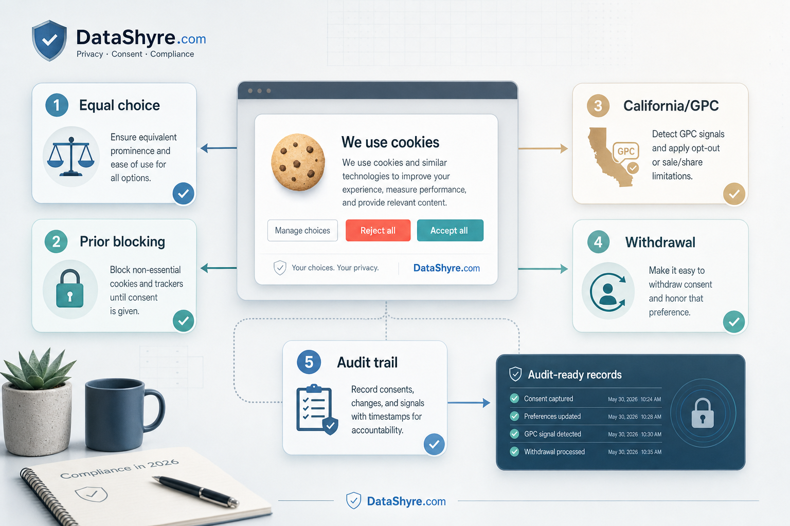 Workflow illustration showing a cookie consent banner review moving through equal choice, plain-language purposes, prior blocking, California routing, withdrawal controls, and audit-ready records with subtle visible branding text DataShyre.com