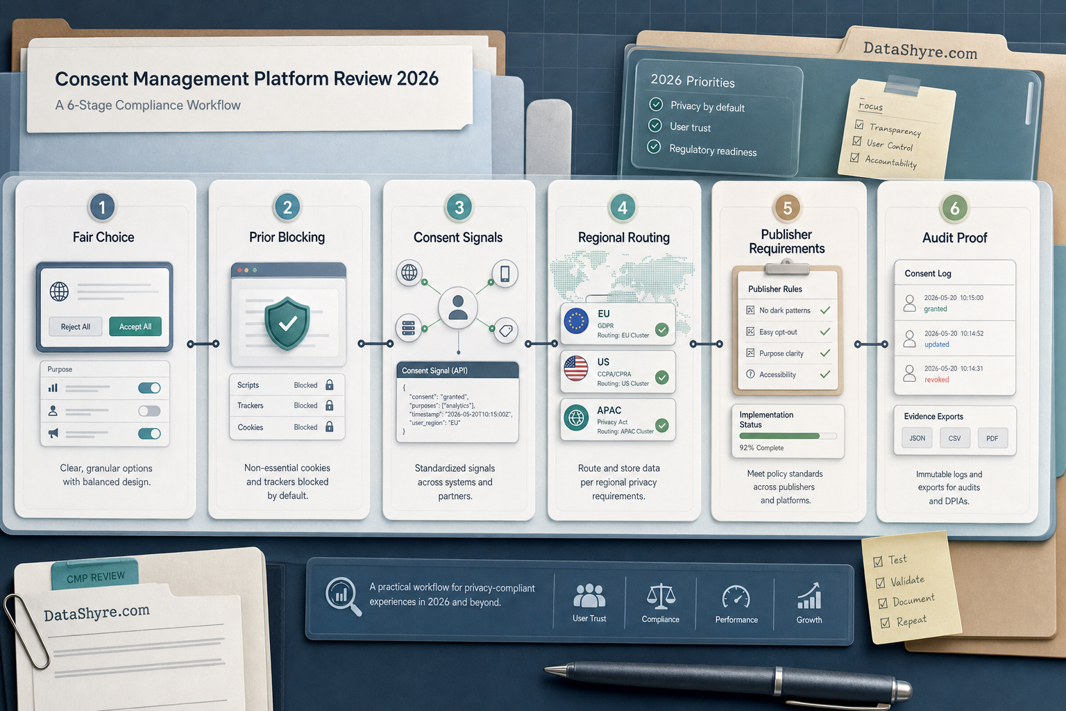 Workflow illustration showing a consent management platform review moving through fair choice, prior blocking, consent signals, regional routing, publisher checks, and audit-ready proof with subtle visible branding text DataShyre.com