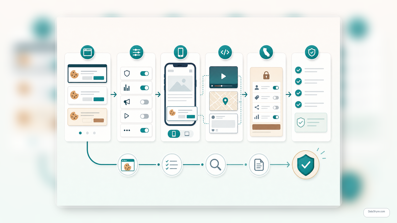 Workflow illustration comparing cookie consent banner patterns with callouts for equal choice, category clarity, mobile behavior, embedded-media control, California privacy choices, and subtle visible branding text DataShyre.com