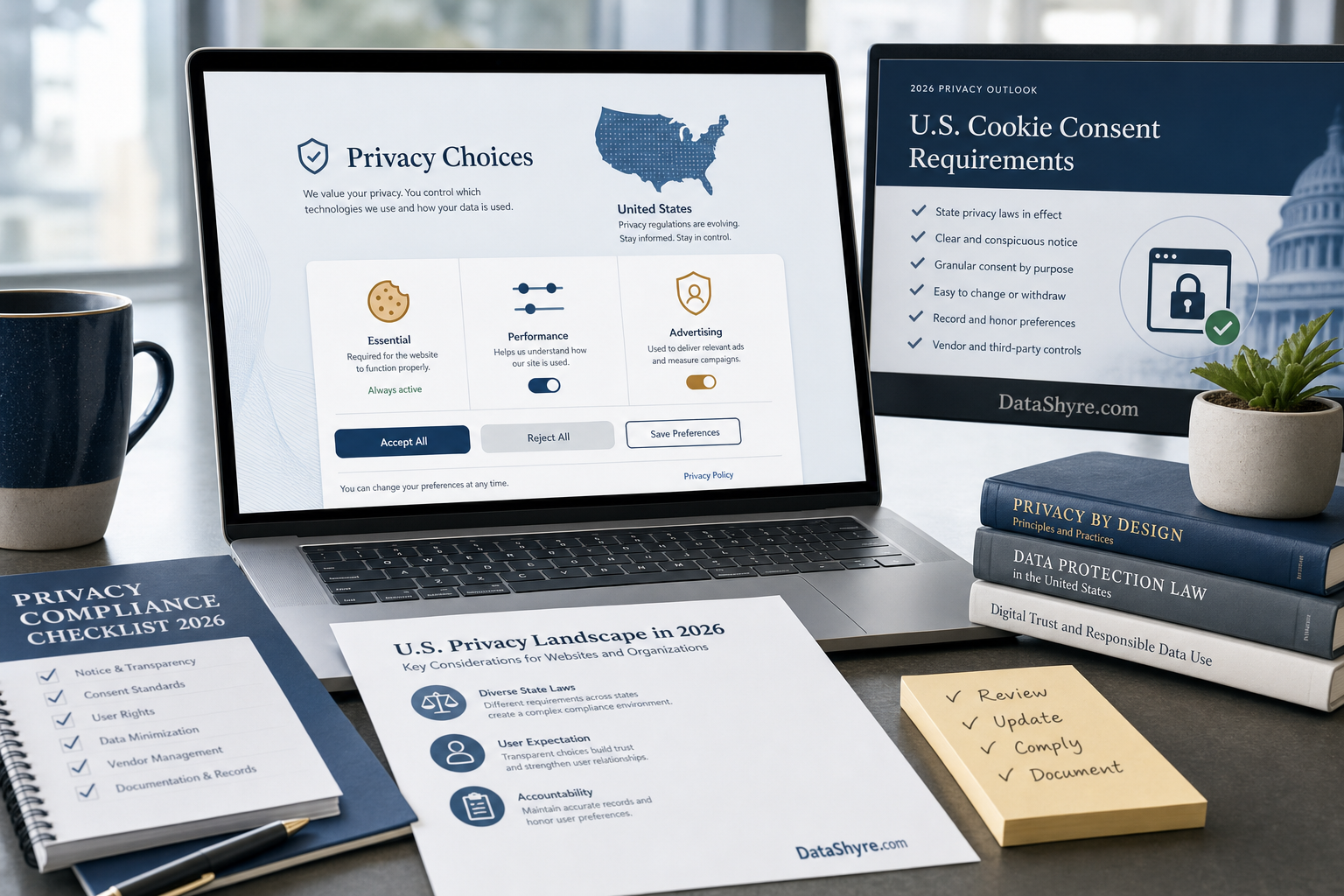 Editorial illustration showing a U.S. website privacy compliance review with a balanced cookie-choice interface, browser privacy signal, compliance documents, and subtle visible branding text DataShyre.com