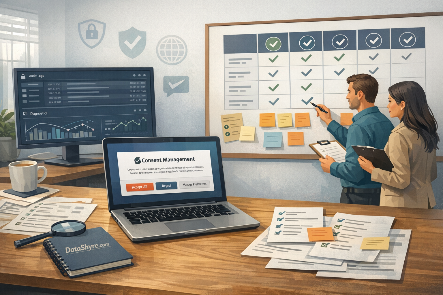 Editorial illustration showing a privacy team comparing consent management providers beside a balanced consent banner, browser diagnostics, audit logs, and subtle visible branding text DataShyre.com