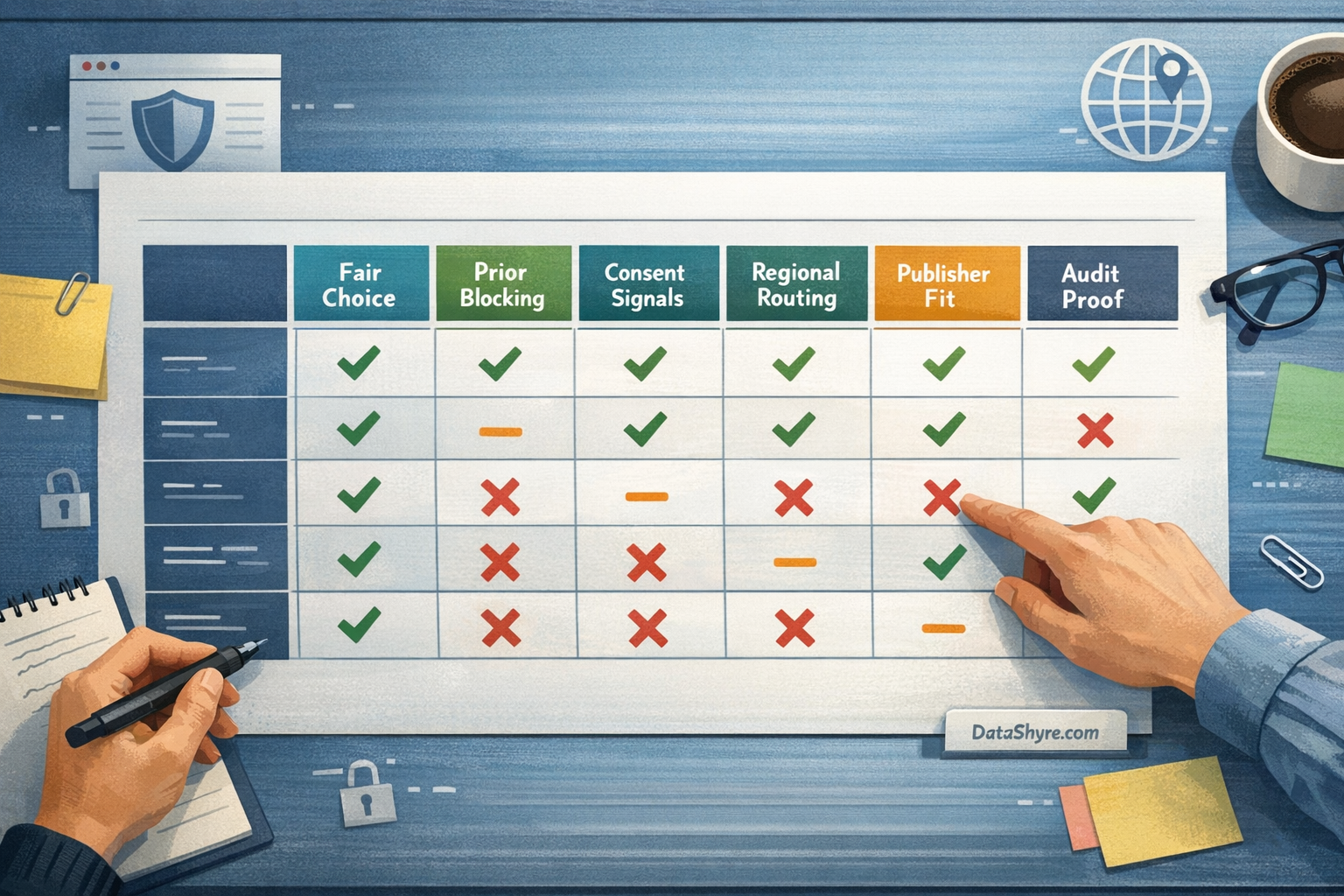 Scorecard illustration showing a consent management provider buying matrix across fair choice, prior blocking, consent signals, regional routing, publisher fit, and audit proof with subtle visible branding text DataShyre.com
