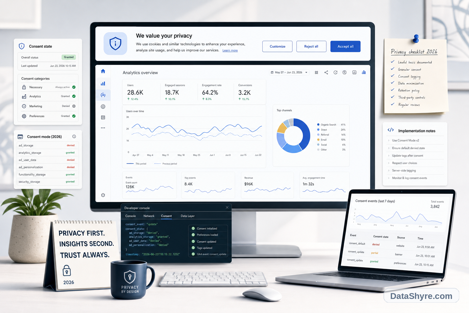 Editorial illustration showing a privacy-focused analytics workspace with a GA4 dashboard, a balanced cookie consent banner, browser diagnostics, and subtle visible branding text DataShyre.com