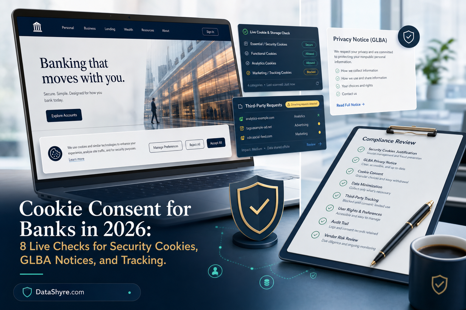 Editorial illustration showing a modern bank website and compliance review workspace with a balanced cookie consent banner, security-session controls, analytics warnings, legal notice cards, and subtle visible branding text DataShyre.com