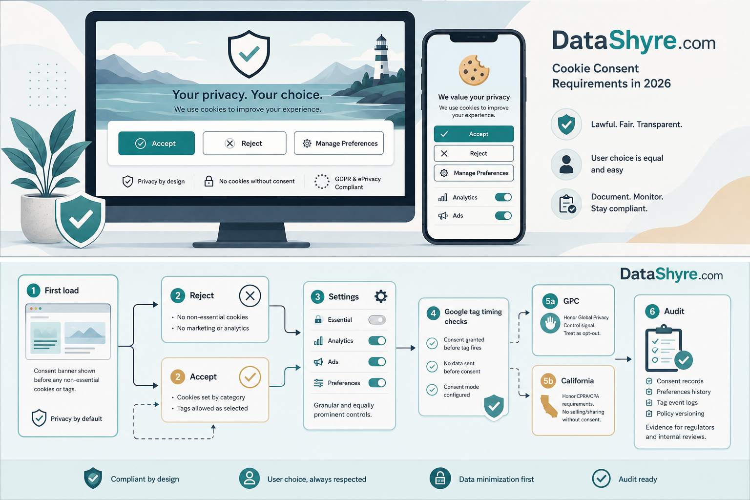 Editorial illustration showing a desktop and mobile cookie consent interface with balanced Accept, Reject, and Manage choices, category toggles, compliance notes, and subtle visible branding text DataShyre.com