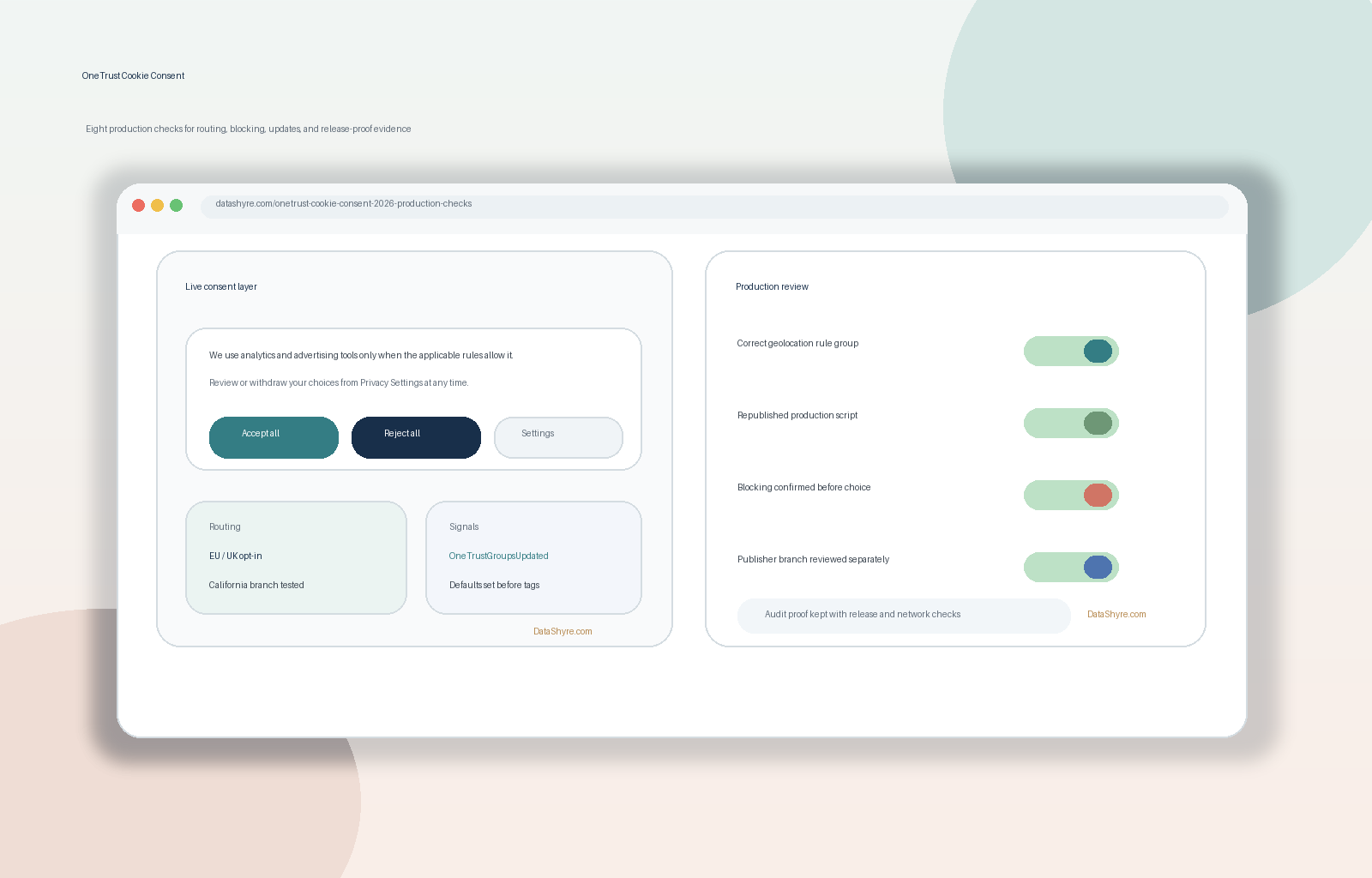 Editorial illustration showing a OneTrust-style consent dashboard beside a live website preview with balanced banner actions, release notes, browser diagnostics, and subtle visible branding text DataShyre.com
