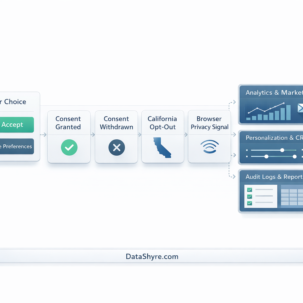 Workflow illustration showing user consent preference management moving through consent collection, California opt-out and GPC branching, downstream system updates, and audit-ready records with subtle visible branding text DataShyre.com