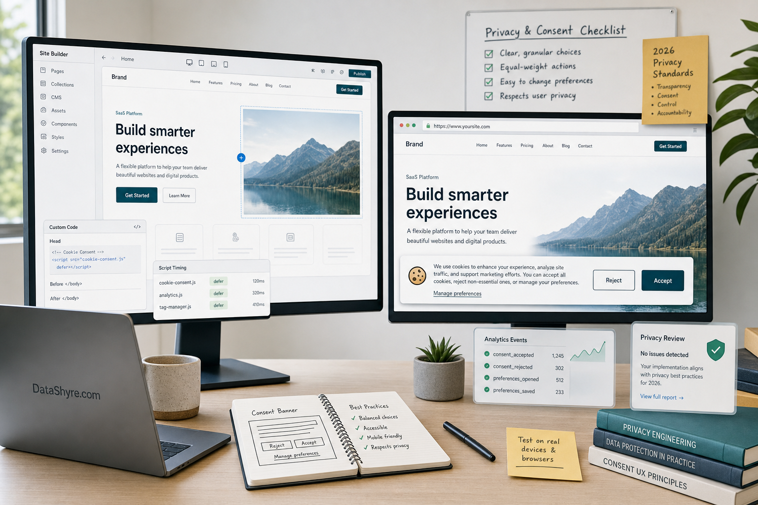 Editorial illustration showing a Webflow-style design workspace beside a published-site preview with a balanced cookie consent banner, script timing checks, compliance notes, and subtle visible branding text DataShyre.com
