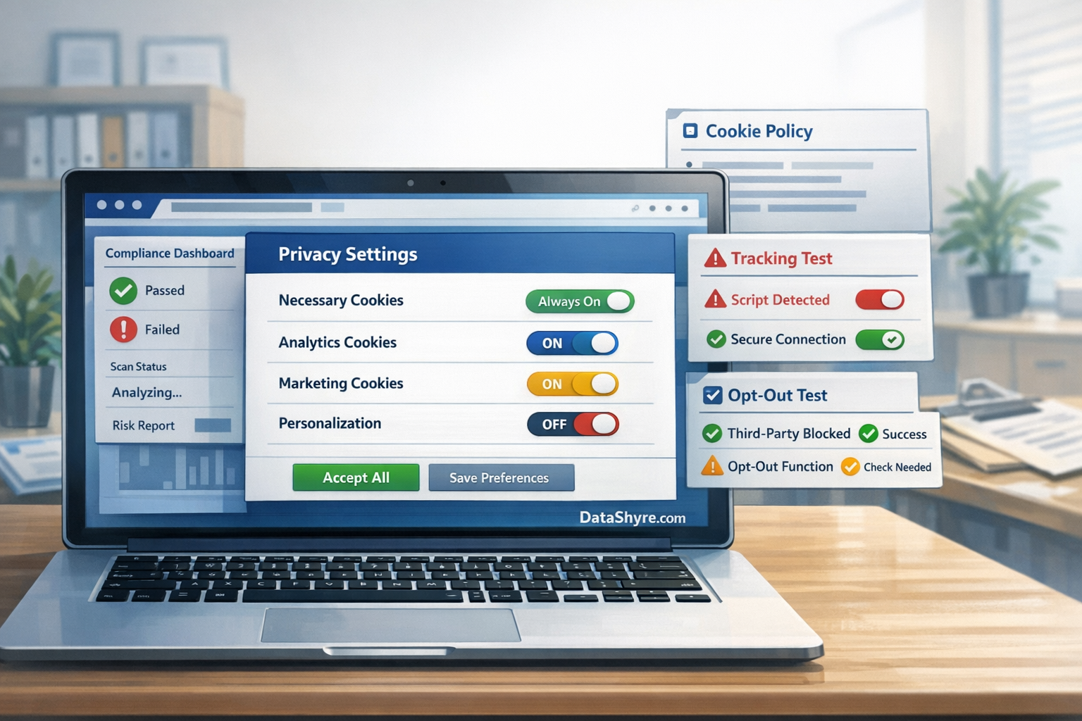 Editorial illustration showing a privacy team reviewing an online consent management tool on a laptop with balanced banner controls, browser diagnostics, governance cards, and subtle visible branding text DataShyre.com