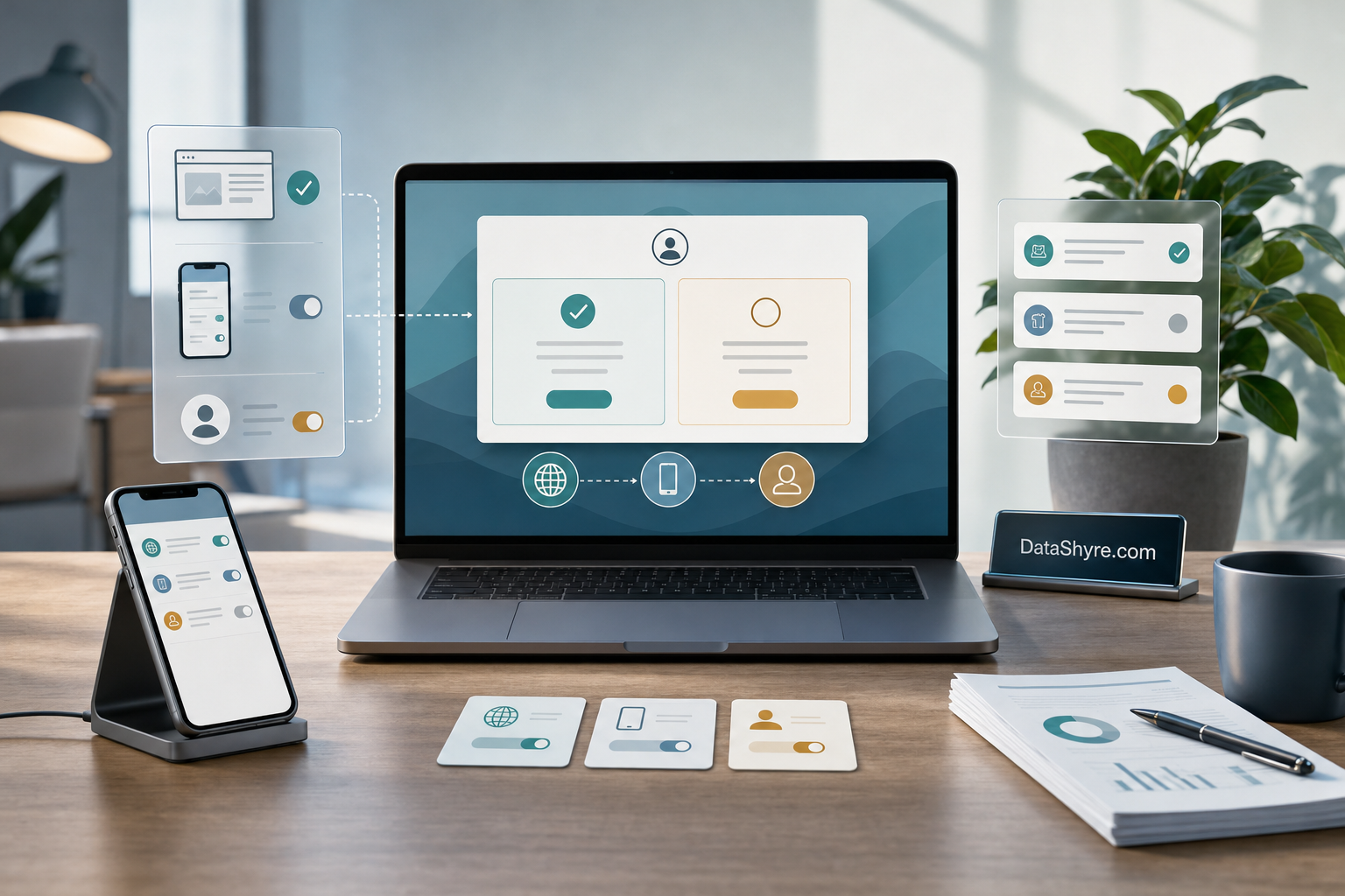 Editorial illustration showing a privacy operations workspace with a laptop displaying balanced consent choices, a phone with privacy controls, audit cards, and subtle visible branding text DataShyre.com