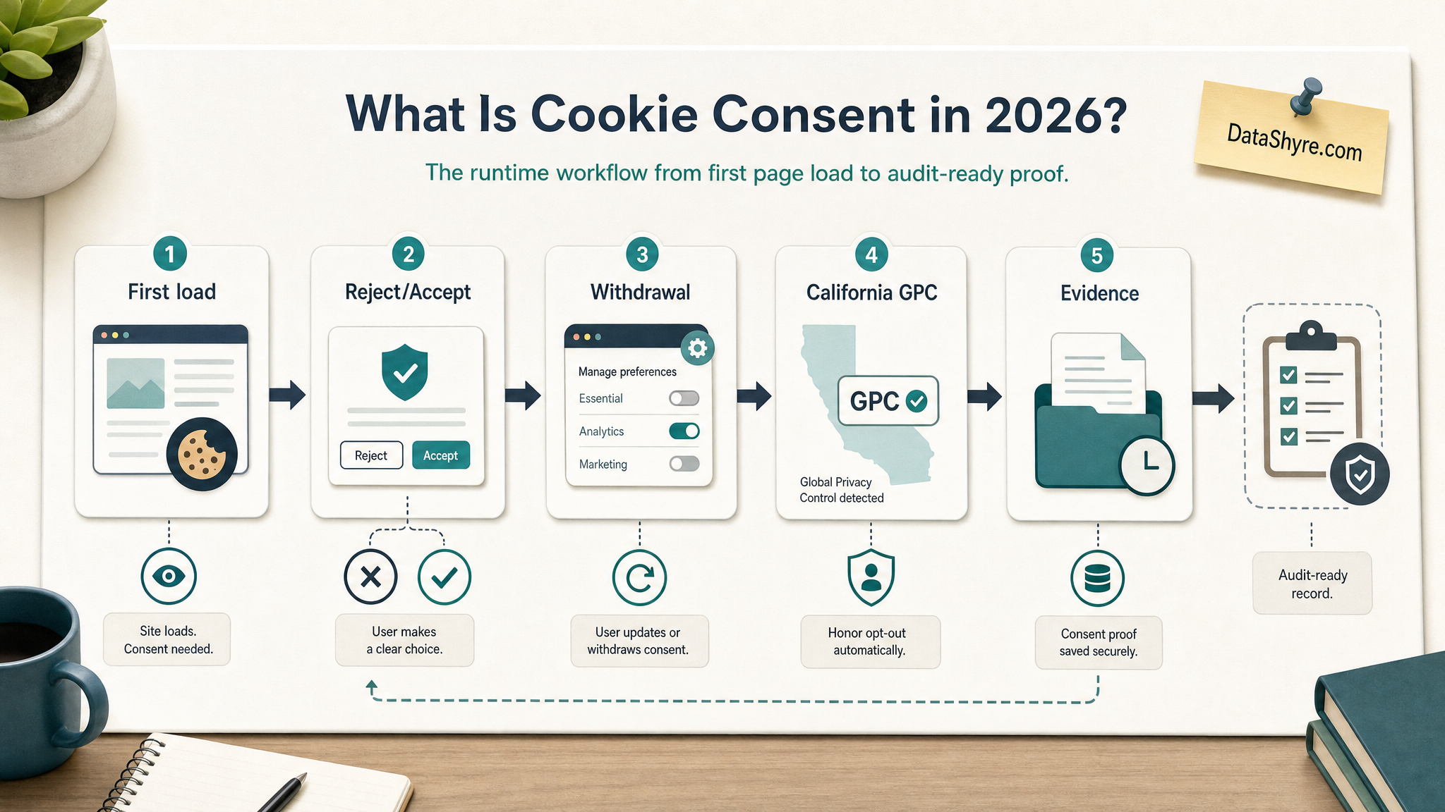 Workflow illustration showing cookie consent review moving from first load to reject, accept, withdrawal, a California GPC branch, and saved audit evidence with subtle visible branding text DataShyre.com