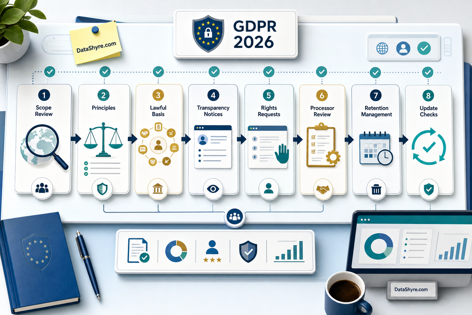 Workflow illustration showing GDPR operations moving from scope review to principles, lawful basis, transparency notices, rights requests, processor review, and update checks, with subtle visible branding text DataShyre.com