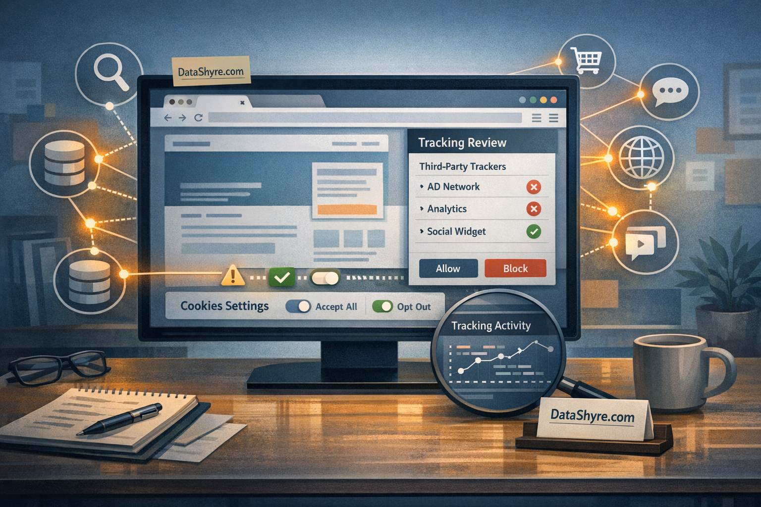 Editorial illustration showing a browser privacy workspace with a website, ad-tech connections to outside vendors, browser settings, and subtle visible branding text DataShyre.com