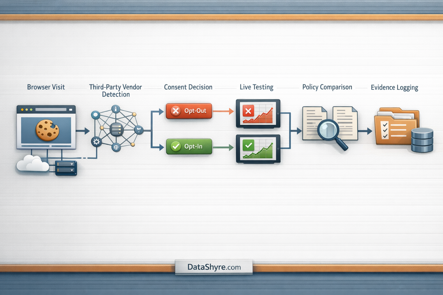 Workflow illustration showing a live third-party-cookie review moving from browser visit into vendor detection, regional rights checks, reject and accept testing, substitute tracking review, and subtle visible branding text DataShyre.com