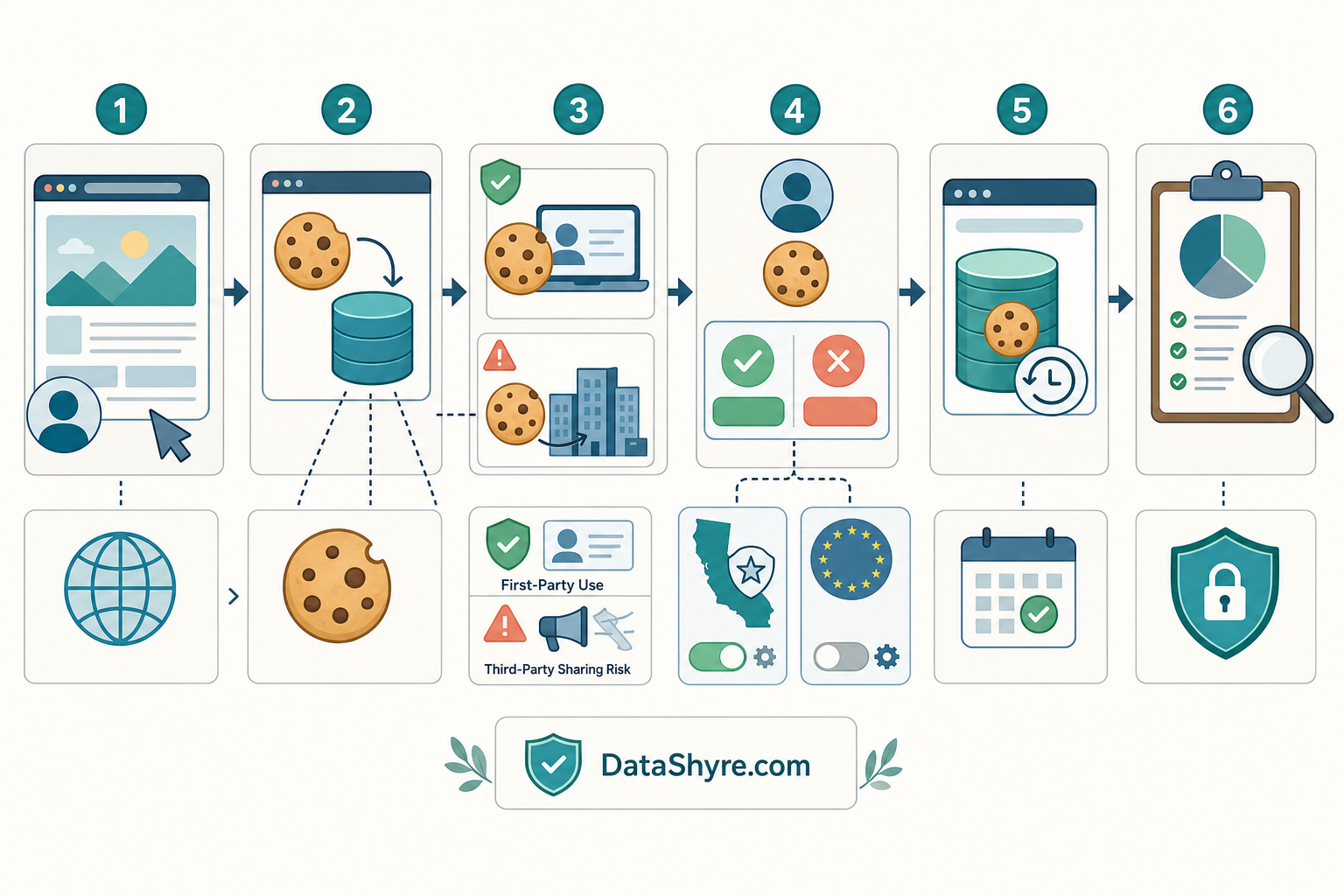 Workflow illustration showing a browser-privacy review moving through website visit, browser storage, first-party and third-party branches, consent or opt-out checks, and subtle visible branding text DataShyre.com